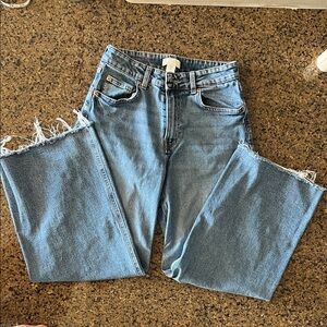 H&M Women’s High Waisted Wide Leg Frayed Cuff Jeans